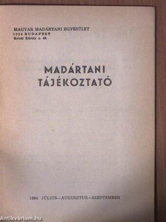 Madártani tájékoztató 1984. július-augusztus-szeptember