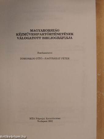 Magyarország Kézművesipartörténetének válogatott bibliográfiája