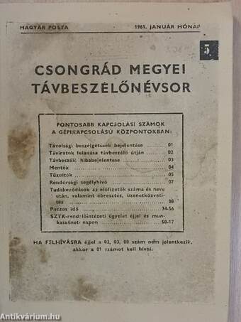 Csongrád megyei távbeszélőnévsor 1961. január