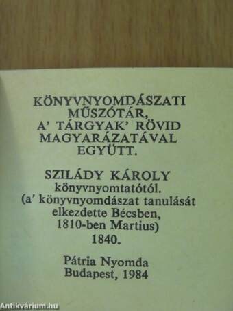 Könyvnyomdászati műszótár (minikönyv) (számozott)