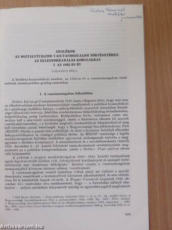 Adalékok az osztálytudatos vasútmozgalom történetéhez az ellenforradalmi korszakban. I. Az 1922-es év (dedikált példány)