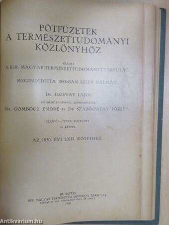 Természettudományi Közlöny 1930. január-december/Pótfüzetek a Természettudományi Közlönyhöz 1930. január-december