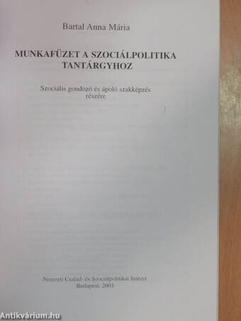 Munkafüzet a szociálpolitika tantárgyhoz