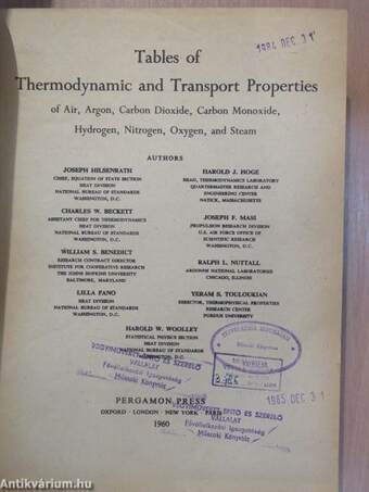 Tables of Thermodynamic and Transport Properties of Air, Argon, Carbon Dioxide, Carbon Monoxide, Hydrogen, Nitrogen, Oxygen, and Steam