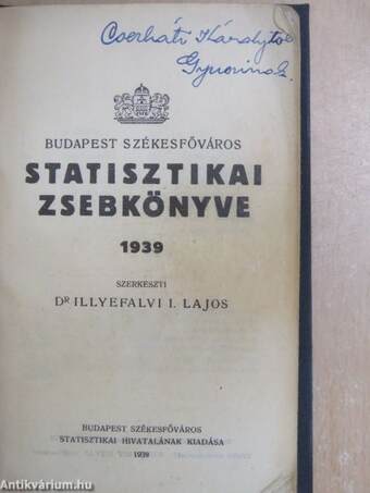 Budapest Székesfőváros Statisztikai Zsebkönyve 1939