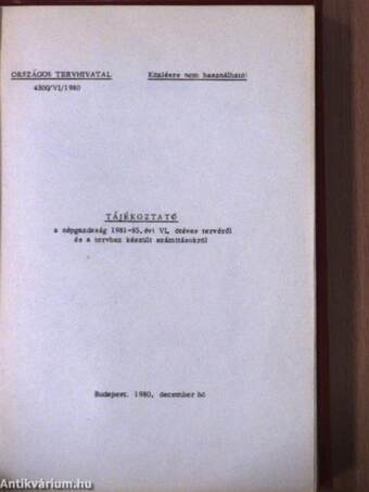 Tájékoztató a népgazdaság 1981-85. évi VI. ötéves tervéről és a tervhez készült számitásokról