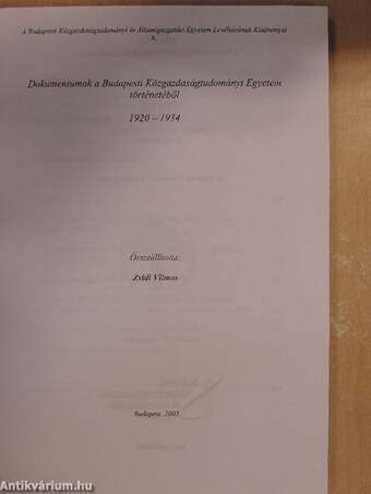 Dokumentumok a Budapesti Közgazdaságtudományi Egyetem történetéből 1920-1934