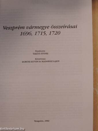 Veszprém vármegye összeírásai 1696, 1715, 1720