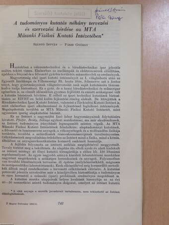 A tudományos kutatás néhány tervezési és szervezési kérdése az MTA Műszaki Fizikai Kutató Intézetében (aláírt példány)