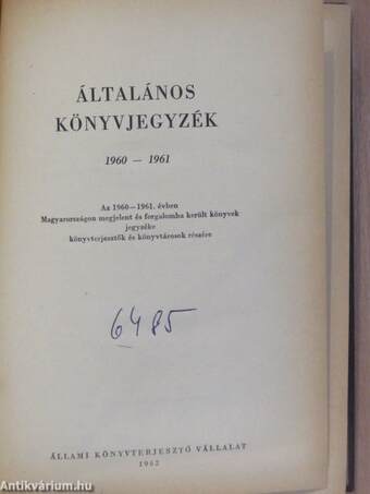 Általános könyvjegyzék 1960-1961