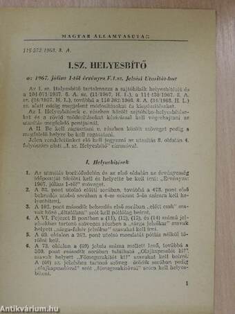 I. sz. helyesbítő az 1967. július 1-től érvényes F. 1. sz. Jelzési Utasítás-hoz