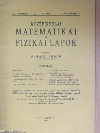 Középiskolai matematikai és fizikai lapok 1937. február 15.