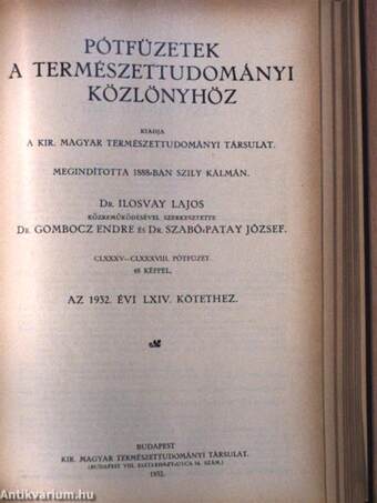 Természettudományi Közlöny 1932. január-december/Pótfüzetek a Természettudományi Közlönyhöz 1932. január-december