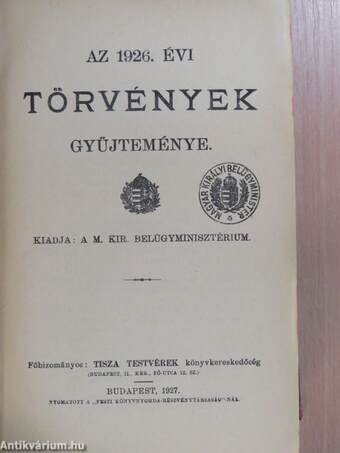 Az 1926. évi törvények gyüjteménye