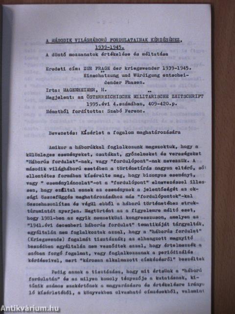 A második világháború fordulatainak kérdéséhez 1939-1945