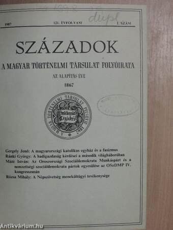 Századok 1987. (nem teljes évfolyam)