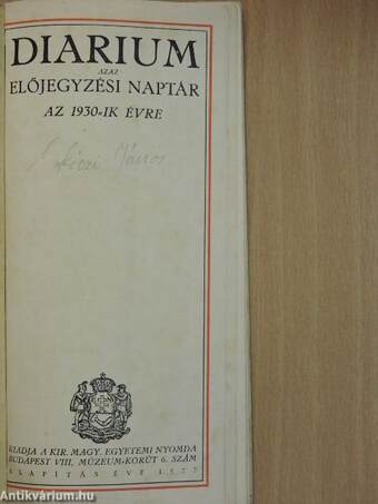 Diarium azaz előjegyzési naptár az 1930-ik évre