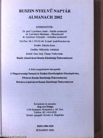 Ruszin nyelvű naptár - Almanach 2002