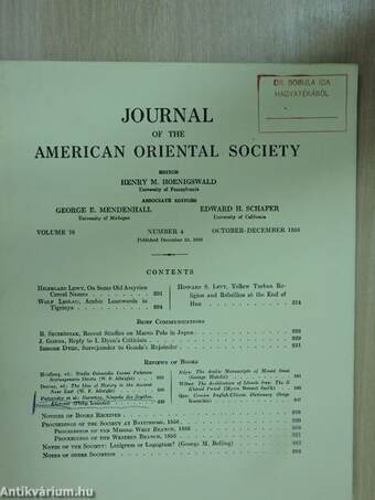 Journal of the American Oriental Society October-December 1956 (Bobula Ida könyvtárából)