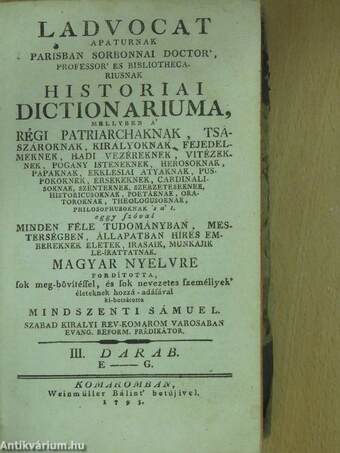 Ladvocat historiai dictionariuma III. (töredék) (rossz állapotú)
