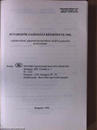 Fuvarozók Gazdasági Kézikönyve 1992.