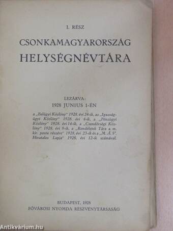 A Magyar Szent Korona országainak 1928. évi helységnévtára I. (rossz állapotú)