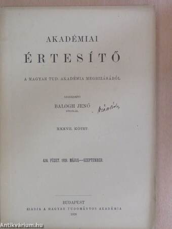 Akadémiai Értesítő 1926. május-szeptember (ifj. Szász Béla könyvtárából)