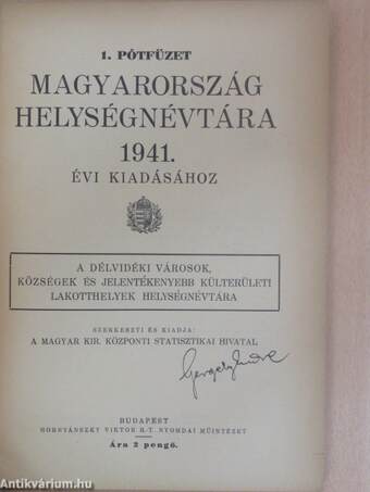 1. pótfüzet Magyarország helységnévtára 1941. évi kiadásához