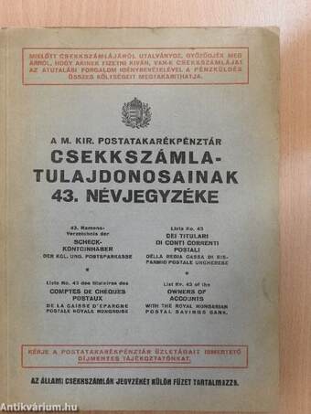 A M. Kir. Postatakarékpénztár csekkszámla-tulajdonosainak 43. névjegyzéke (rossz állapotú)