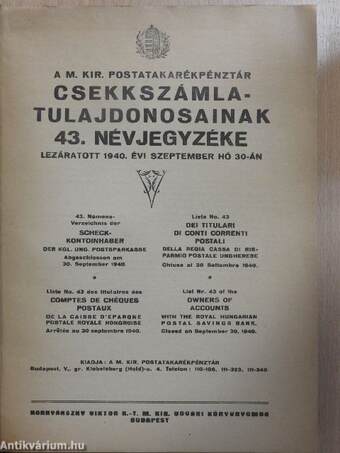 A M. Kir. Postatakarékpénztár csekkszámla-tulajdonosainak 43. névjegyzéke (rossz állapotú)