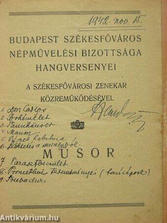 Budapest székesfőváros Népművelési Bizottsága hangversenyei a székesfővárosi zenekar közreműködésével