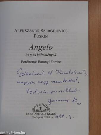 Angelo és más költemények (dedikált példány)