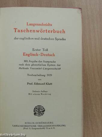 Langenscheidts Taschenwörterbuch der englischen und deutschen Sprache I.