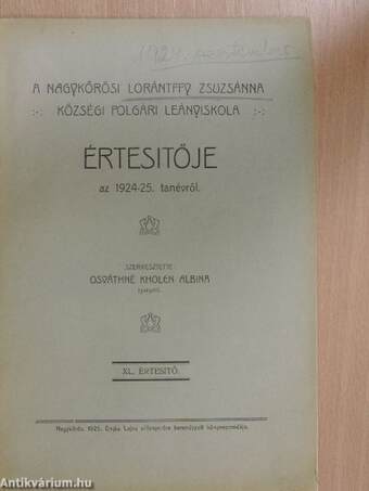 A Nagykőrösi Lorátffy Zsuzsánna Községi Polgári Leányiskola Értesitője az 1924-25. tanévről