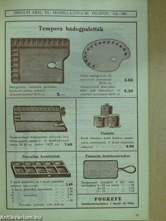 Erdélyi Emil 1938. évi árjegyzék