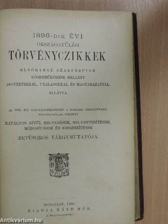 1896-dik évi országgyűlési törvényczikkek I-II.