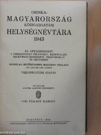 Csonka-Magyarország közigazgatási helységnévtára 1943.