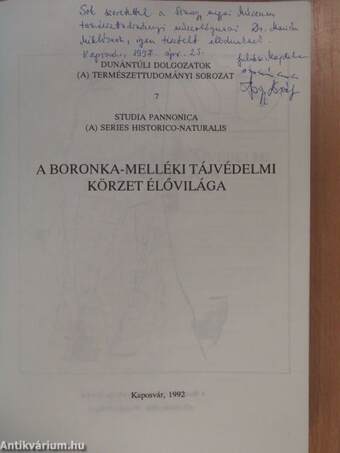 A Boronka-melléki Tájvédelmi Körzet élővilága (dedikált példány)
