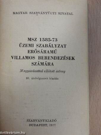 MSZ 1585-73 üzemi szabályzat erősáramú villamos berendezések számára