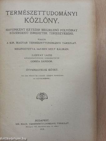 Természettudományi Közlöny 1919. január-december/Pótfüzetek a Természettudományi Közlönyhöz 1919. január-december