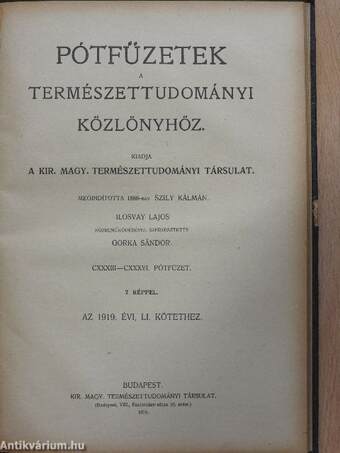 Természettudományi Közlöny 1919. január-december/Pótfüzetek a Természettudományi Közlönyhöz 1919. január-december