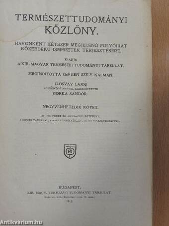 Természettudományi Közlöny 1915. január-december/Pótfüzetek a Természettudományi Közlönyhöz 1915. január-december