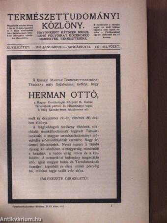 Természettudományi Közlöny 1915. január-december/Pótfüzetek a Természettudományi Közlönyhöz 1915. január-december