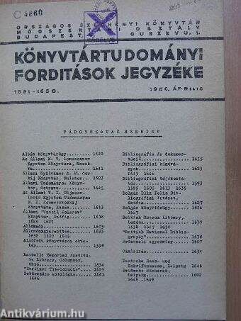 Könyvtártudományi fordítások jegyzéke 1956. április