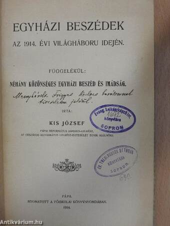 Egyházi beszédek az 1914. évi világháboru idején 