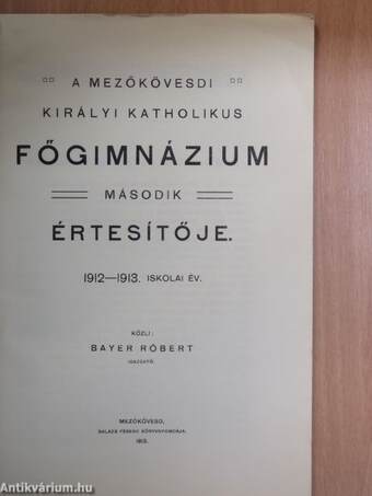 A Mezőkövesdi Királyi Katholikus Főgimnázium második értesítője