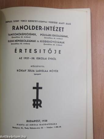 Ranolder-Intézet Értesítője az 1937-38. iskolai évről