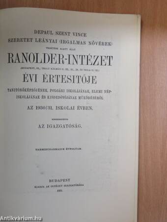 Ranolder-Intézet évi Értesitője az 1930/31. iskolai évben