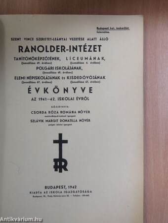 Ranolder-Intézet Évkönyve az 1941-42. iskolai évről