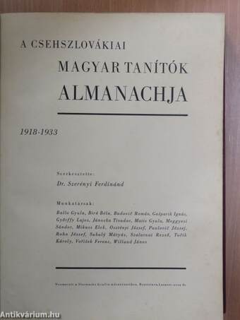 A csehszlovákiai magyar tanítók almanachja 1918-1933